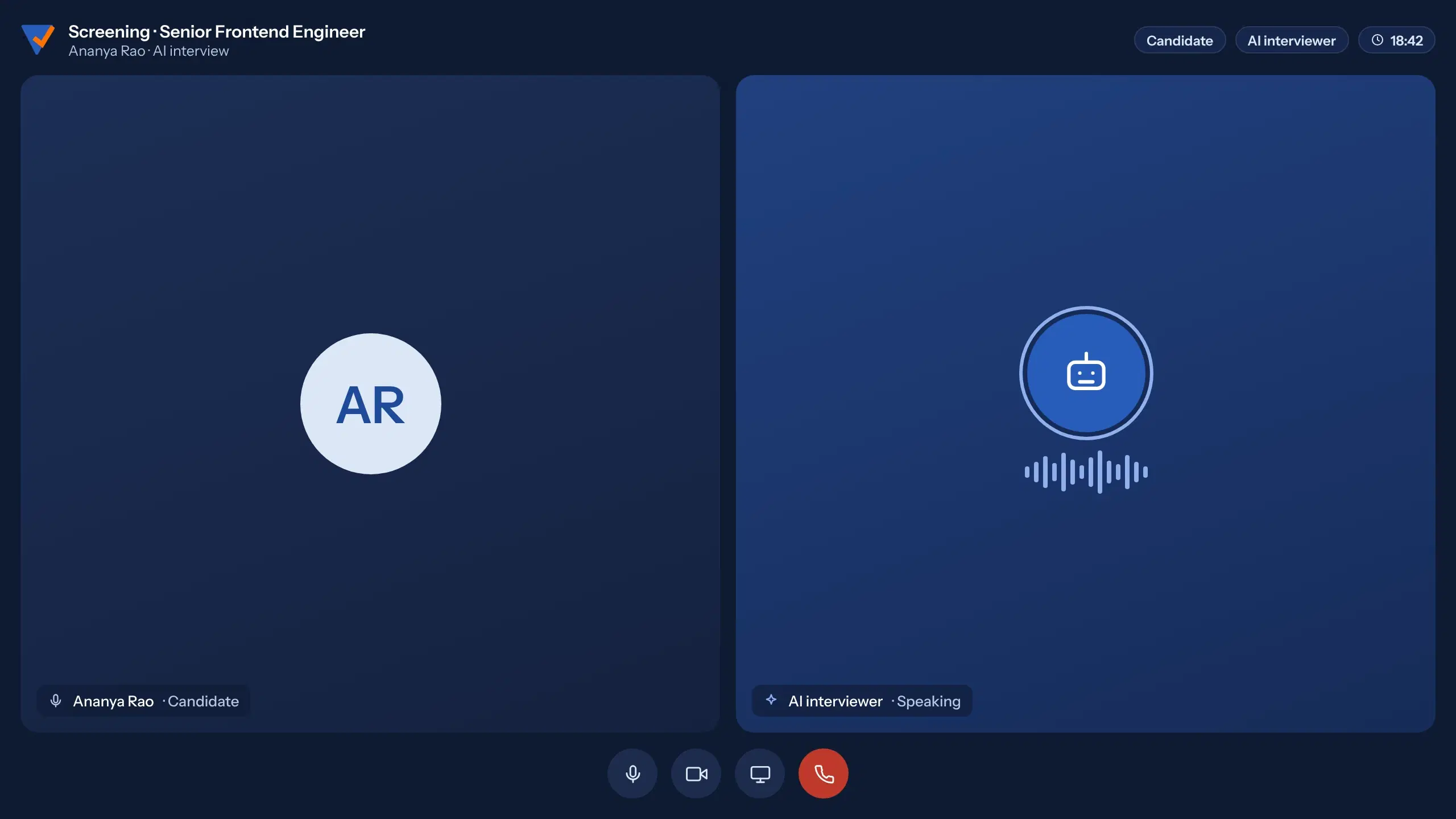 AI interview with the candidate and the AI interviewer, and the list of questions coming up