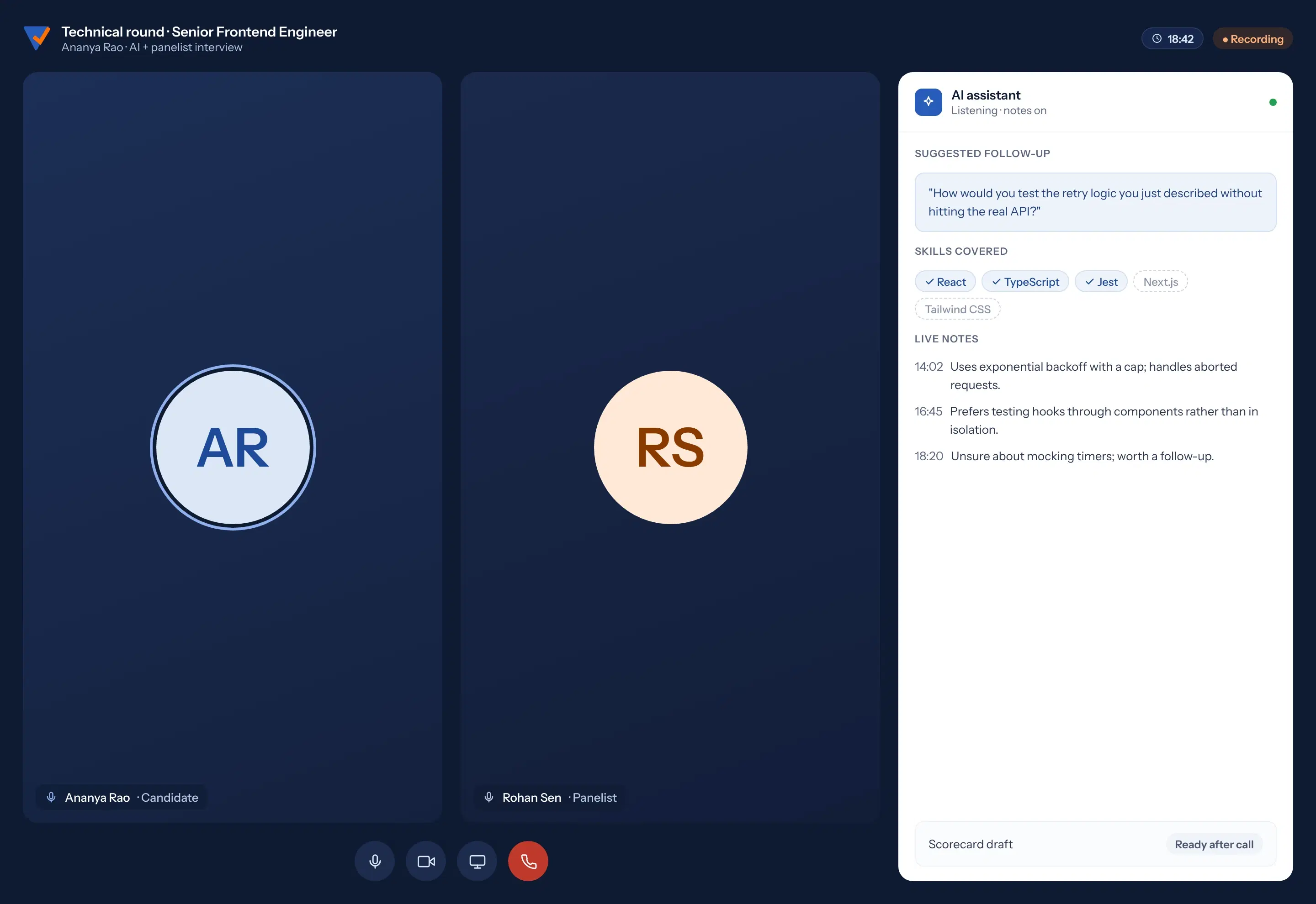 Interview room with the candidate and a panelist, and an AI assistant panel showing a suggested follow-up, skills covered and live notes